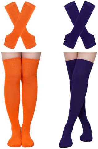 2 Sets Striped Womens Thigh High Socks and Arm Warmers for Scene Femboy Long Over the Knee Socks Stay Up Goth Emo Leg Warmers Clown Witch Fingerless Gloves Daily Halloween