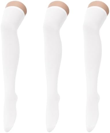 3 Pairs White Cotton Thigh High Socks for Women Knee High Stockings