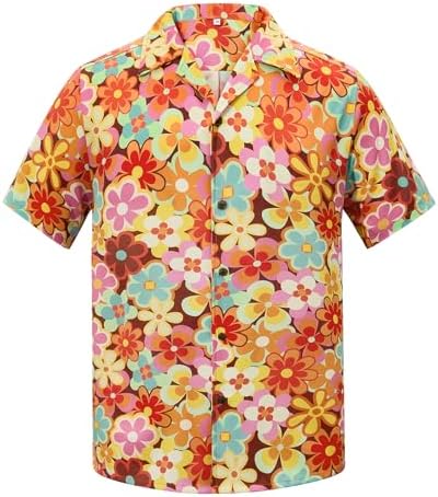 70s Outfits for Men, Rave Disco Hippie Shirt, Orange Flower L, Orange Flower