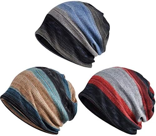 Unisex Soft Beanie Cap Striped Slouchy Chemo Hat Travel Scarf Turban Cozy Skull Cap Lightweight Stretch Sleep Hat for Men Women