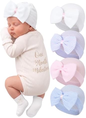 4 Pack Hospital Newborn Hat Girl Infant Baby Bow Beanie