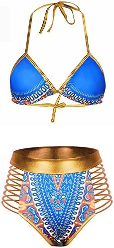 Women's African Tribal Metallic Bikini Set Two Piece Bathing Suit for Women Printed Cutout Halter Neck Swimsuits with High Waist Bottoms Beachwear Swimwear Blue L (fits like US 8-10)