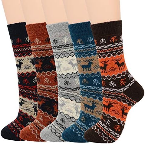 Men's Wool Crew Socks | Thermal Winter Hiking Socks (6-10) | Soft Thick Knit Athletic Socks for Cold Weather | Deer Christmas Design