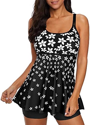 Women's Two Piece Swimsuits Slimming Bathing Suits Floral Tankini Top with Boyshort Swimsuit Long Torso Tankini Tummy Control Swimsuit 2 Piece Bathing Suits for Women Black White 2XL (US
