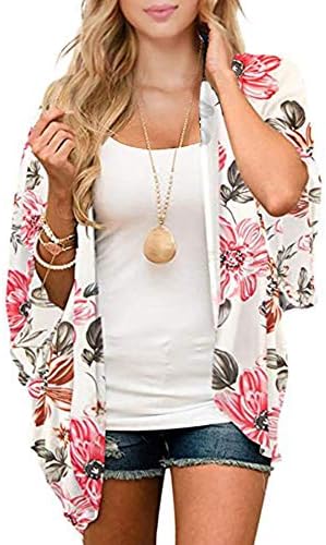 Floral Kimonos for Women Kimono Swimsuit Cover Ups Loose Open Front Summer Tops Lightweight Spring Cardigan Half Sleeve Sheer Shawls and Wraps White Floral Small