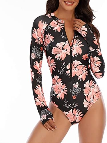 Long Sleeve Swimsuit Women UPF 50+ One Piece for Womens Zip Floral Athletic Swim Wear Bathing Suit