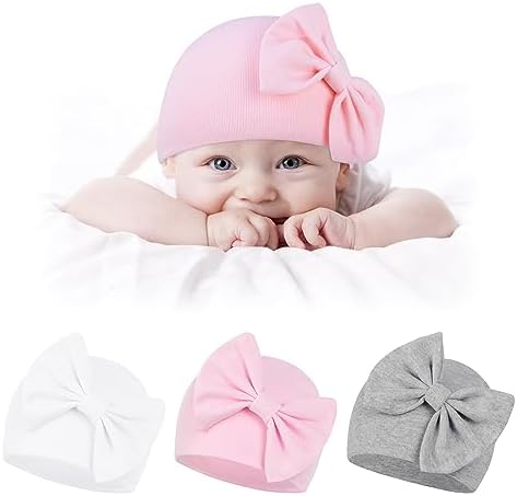 Newborn Baby Girl Hats Soft Beanie Hat with Cute Bow for 0-6 Months Infant Toddler Hospital Knot Hat Caps 3 Pack 3 0-3Month