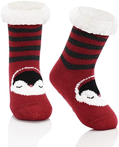 Fuzzy Socks for Kids Boys Girls Slipper Socks with Grips Winter Kids Fuzzy Christmas Warm Thick Fleece Fluffy Cozy Thermal Cabin Animal Anti Skid Indoor Red Penguin