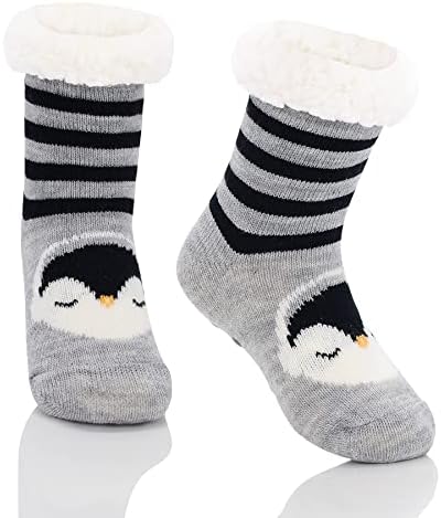 Kids Boys Girls Fuzzy Socks Winter Slipper Socks Fleece Christmas Socks Baby Thick Fluffy Socks Thermal Anti Skid Socks Warm Socks for Girls Grip Animal Socks Black Penguin 8-12 Years …