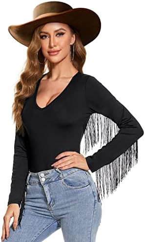 Women's Long Sleeve V Neck Fringe Trim Bodysuit, Black, Large
