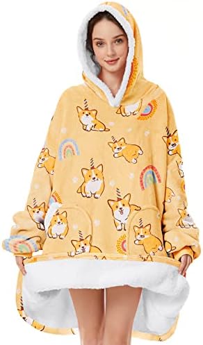 Oversized Wearable Blanlet Hoodie Blankets Winter Blacnket Comfy Original Blanket Sweatshirt for Women Cozy Sherpa Blanket Pocket Blanket Christmas Gifts Corgi Adult