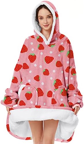 Oversized Wearable Blanlet Hoodie Blankets Winter Blacnket Comfy Original Blanket Sweatshirt for Women Cozy Sherpa Blanket Pocket Blanket Christmas Gifts Strawberry Adult