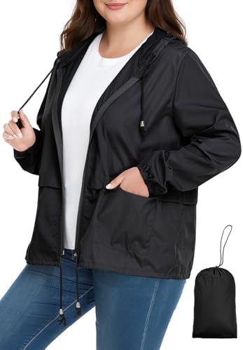 Plus Size Rain Jackets for Women Packable Hooded Raincoat