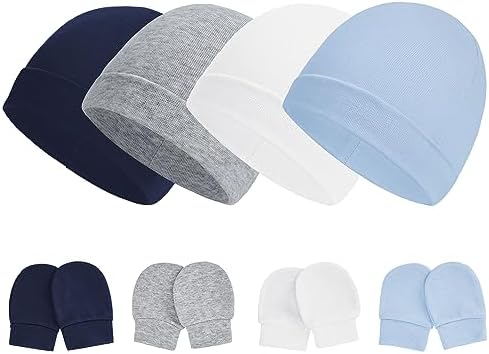 Baby Hats and Mittens Infant Beanie Caps 4-Pack Dark Blue/Sky Blue/Grey/White Newborn Hospital Hat Essentials Must Haves Warm Knit Beanie Safety Anti-Scratch Gloves for Baby Boys Girls 0-6M