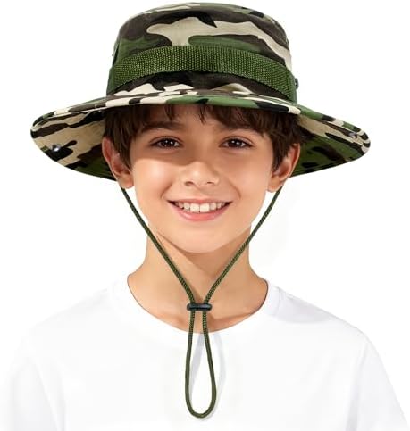 Outdoor Kid Camo Fishing Bucket Hat UPF 50+ Adjustable Quick Dry Breathable Handiness Windproof Waterproof Wide Brim Mesh Bucket Hat for Kids Fishing Safari Family Trip Hat