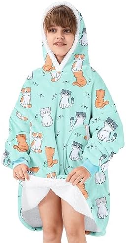Wearable Kids Blanket Hoodie Teens Oversized Fleece Cat Sweatshirt