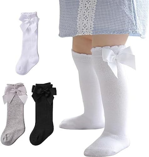 Girl Knee High & Long Socks, Soft Cotton 6-12M Cute Ruffle Socks, Toddler Girls, Uniform & Solid Colors Black/White/Grey PK3/6/Pair
