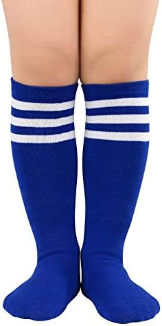 Kids Soccer Socks Boys Royal Blue Soccer Socks Youth Cotton Softball Football Socks Girls Outdoor Sport Three Stripes Knee High Socks 6-9 Years Royel