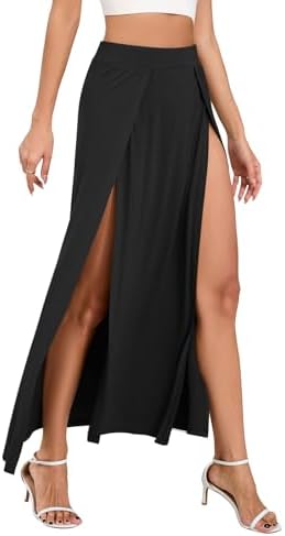 Women's Black Double High Slit Maxi Skirt with High Elastic Waist