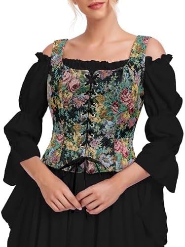 Women Renaissance Corset Medieval Vest Pirate Women Goth Steampunk Top Viking Costume Bodice Suede Vest Sexy Lace Up Sleeveless Corsets Halloween Cosplay Costume Black Renaissance