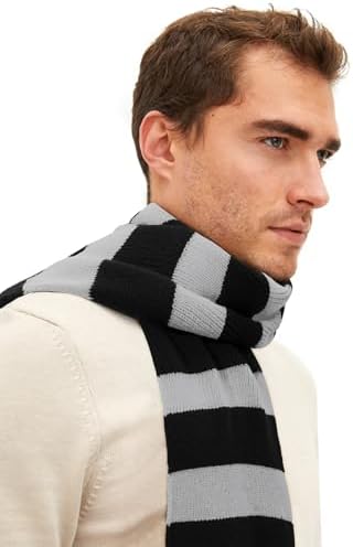 Black and Grey Striped Scarf for Men Soft Knit Fall Winter Scarf