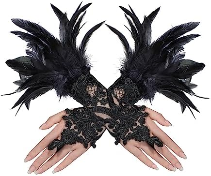 Black Feather Lace Fingerless Gloves for Women