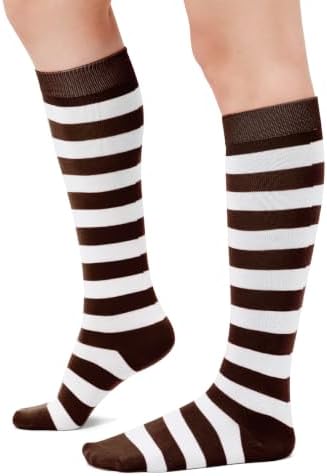Brown and White Striped Knee High Socks for Women Knee Long Stockings
