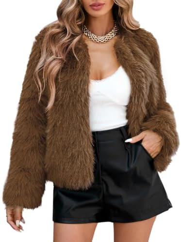 Brown Faux Fur Coats for Women 2026 Cropped Furry Jacket XL