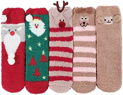 Christmas Women's Fuzzy Socks for Women Cozy Socks-Fluffy Warm Cloud Soft Cute Thick Comfy, for Home, Hospital, Yoga, Work K 5 Pairs Christmas Series