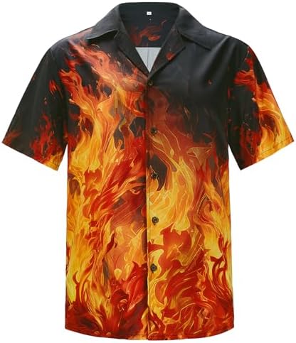 Flame Hawaiian Shirt for Men, Crazy Fier Print for Halloween, L, Flames