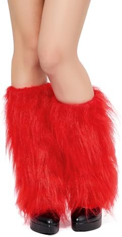 Furry Faux Fur Red Leg Warmers for Women & Girls, Red