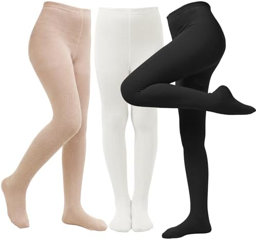 Girls Tights 4-6T Kids Cable Knit Cotton Winter Warm Leggings 3Pack, White / Black / Nude