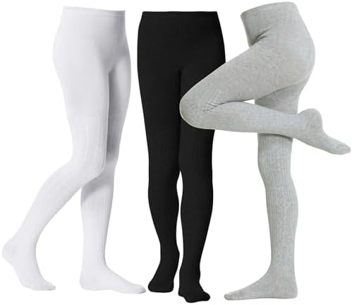 Girls Tights 4-6T Kids Cable Knit Cotton Winter Warm Leggings 3Pack, Black White Grey