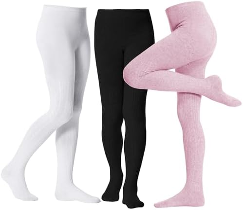 Girls Tights for Girls Cable Knit Tights Kids Winter Soft Cotton Warm Fit ELastic Footed Seamless 3 Pack Leggings Stockings for Girl School Daily Party Ballet Outdoor Pantyhose 8-10 T