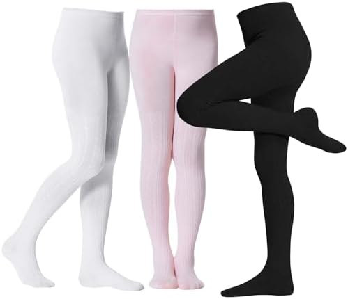 Girls Tights for Girls Cable Knit Tights Kids Winter Soft Cotton Warm Fit ELastic Footed Seamless 3 Pack Leggings Stockings for Girl School Daily Ballet Party Outdoor Pantyhose 4-6 T, Black / White / Pink