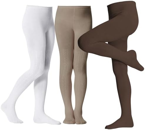 Girls Tights for Girls Cable Knit Tights Kids Winter Soft Cotton Warm Fit ELastic Footed Seamless 3 Pack Leggings Stockings for Girl School Outdoor Daily Party Ballet Pantyhose 8-10 T, White / Khaki / Coffee
