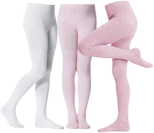 Girls Tights for Girls Cable Knit Tights Kids Winter Soft Cotton Warm Fit ELastic Footed Seamless 3 Pack Leggings Stockings for Girl School Ballet Party Daily Outdoor Pantyhose 10-12 T, White / Pink / Purple