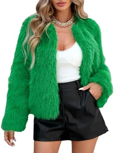 Green Faux Fur Coats for Women 2026 Cropped Furry Jackets for Women S