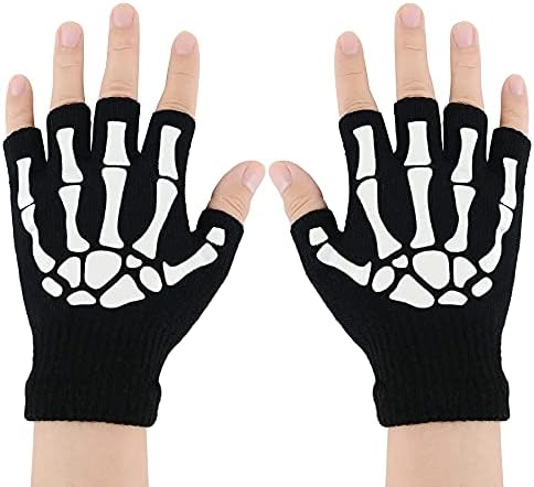 Halloween Gloves Accessories Adult Skeleton Fingerless Womens Fingerless Skull Gloves Half Finger