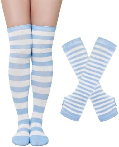 Halloween Striped Women Thigh High Socks Arm Warmers Set, Blue White