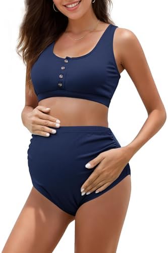 High Waist Ribbed Maternity Swimsuit Two Piece for Women, Navy