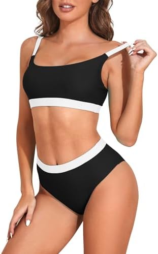 High Waisted Bikinis for Women 2024 Cute Bikinis for Teen Girls Sports Color Block Swimsuit Women Two Piece Cheeky High Cut Bathing Suit Scoop Neck Swimsuits Black White Splice Swimsuit