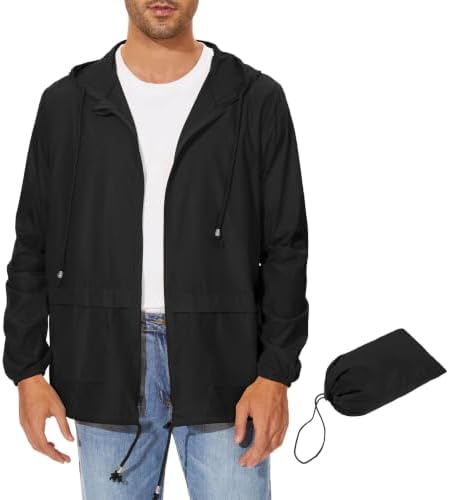 Lightweight Rain Jacket Men Waterproof Hooded Windbreaker Black XL
