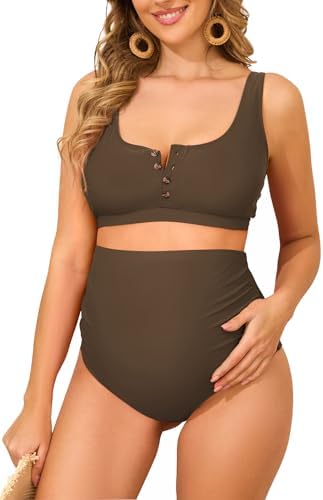 Maternity Swimsuit High Waist Bikini Bathing Suits for Women Brown M, Brown