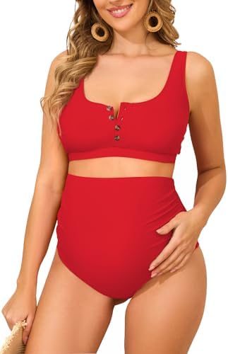 Maternity Swimsuit High Waist Bikini Bathing Suits for Women Red M, Red