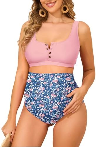 Maternity Swimsuit High Waist Bikini Bathing Suits Pink Floral M, Pink Floral