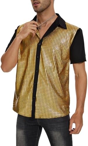 Men's Chequer Gold 70s Disco Shirt, Sequin Button-Up for Party, S, Chequer Gold