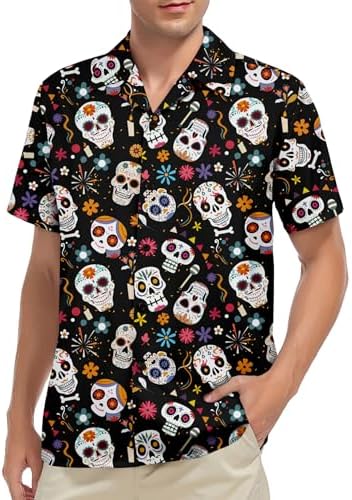 Men's Day of the Dead Hawaiian Shirt, Button Down Mexico Top, Day of the Dead