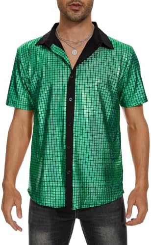 Men's Green 70s Disco Shirt, Sequin Button-Up for Party Outfits, 2XL, Green