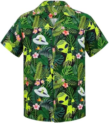 Men's Green Alien Hawaiian Shirt, Button Down for Parties, L